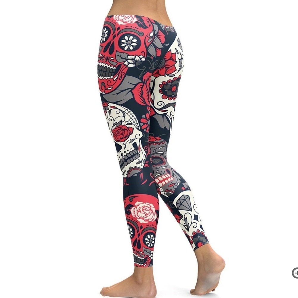 GEARBUNCH Pink Sugar Skull Low rise Yoga Active Leggings Size Medium - Picture 3 of 8